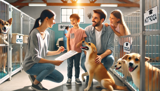 A joyful moment at an animal shelter where a family, including a child, is adopting a rescue dog. The family interacts with a happy, tail-wagging dog while a shelter worker hands them adoption paperwork. Other adoptable dogs in clean kennels are visible in the background. The scene radiates warmth, happiness, and the excitement of giving a rescue dog a loving home.