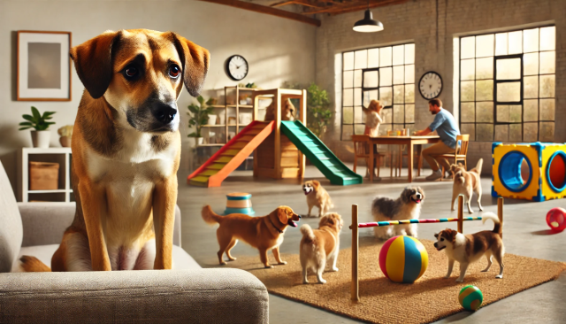 An anxious dog sitting alone at home, looking worried. In the next scene, the same dog is happily playing at a structured doggie daycare with other dogs and staff, reducing anxiety through socialization.