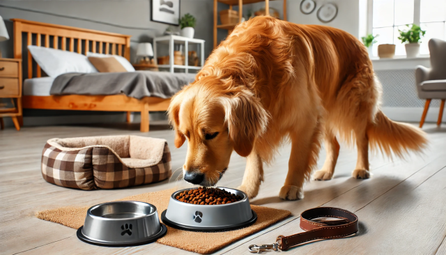 Dog eating at its usual meal time at home after dog boarding, with a leash nearby for regular walks and a cozy bed reinforcing a stable routine.