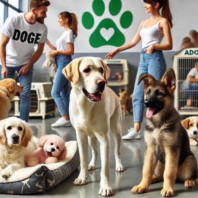 A variety of purebred rescue dogs, including a Labrador, German Shepherd, and Poodle, interacting with potential adopters in a clean, well-lit shelter. The dogs are in a welcoming environment with comfortable bedding and toys, highlighting that purebred dogs are also available for adoption at rescue organizations, just like mixed-breed dogs.