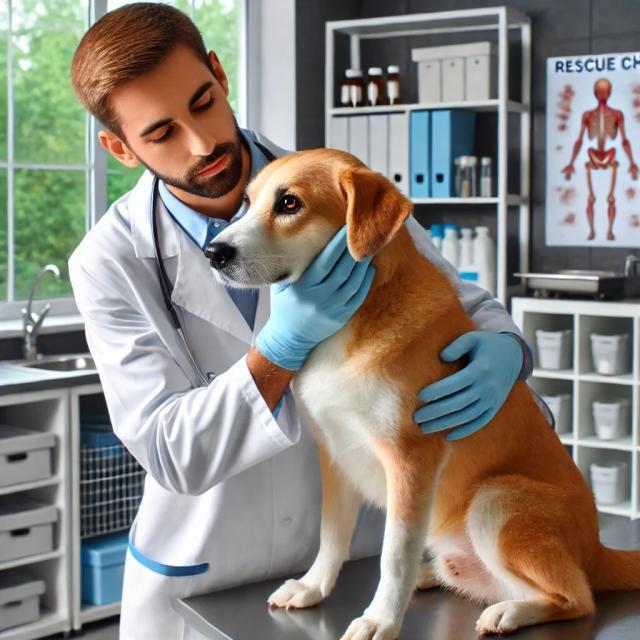 A veterinarian performing a health check on a calm rescue dog in a well-equipped clinic. The scene highlights the professional care given to rescue dogs, ensuring their health and well-being before adoption. The background includes medical equipment and vaccination records, emphasizing the thorough health screenings rescue dogs undergo.