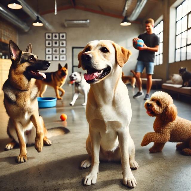 A calm and well-behaved rescue dog playing with other dogs in a spacious and clean dog daycare. The dogs, including a Labrador, German Shepherd, and Poodle, are engaging in positive socialization activities like fetch and play. The setting emphasizes behavioral training, with toys and beds scattered around the area, creating a welcoming environment for well-adjusted rescue dogs.