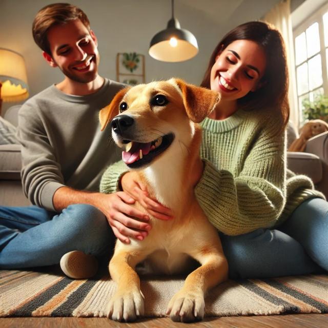 A calm and happy rescue dog bonding with its new family in a warm home environment. The dog, once fearful or reactive, is now relaxed and comfortable with its new owners, showing affection and trust. The scene highlights the joy of overcoming past trauma with patience and love. The background shows a cozy living room with a calm and supportive atmosphere, reflecting the positive transformation of a rescue dog.