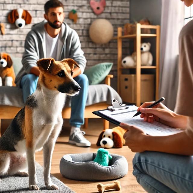 A calm rescue dog being evaluated by a foster parent in a cozy living room. The foster parent is observing the dog’s temperament and behavior, ensuring a good match for adoption. The peaceful environment with toys and a comfy bed highlights the care and attention given to rescue dogs during the evaluation process before they are adopted.