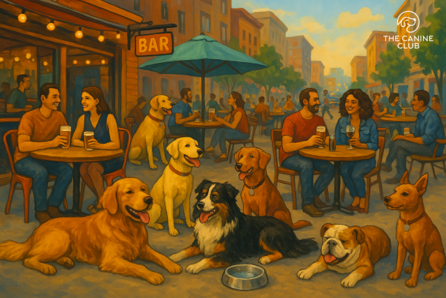 A lively dog-friendly bar scene with people enjoying drinks at outdoor tables with their dogs lounging around. Several dogs of different breeds relax by their owners, creating a relaxed and joyful atmosphere. The vibrant urban backdrop features a sunny day, perfect for a casual outing at a dog-friendly bar