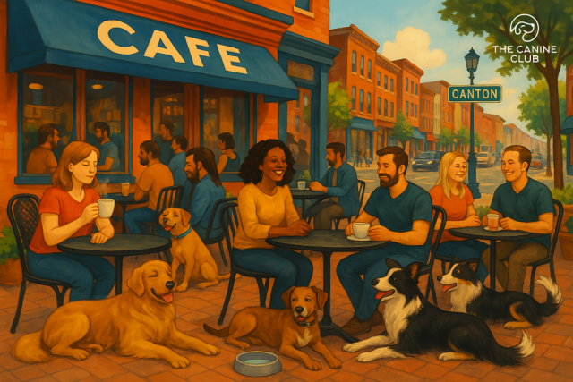 A dog-friendly cafe in Canton, Maryland, with people enjoying coffee at outdoor tables while their dogs relax beside them. The vibrant city street in the background and the cheerful atmosphere reflect the pet-friendly culture of Canton, creating a welcoming space for both dog owners and their furry companions.