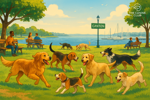 A dog-friendly park in Canton, Maryland, with dogs running and playing in a spacious grassy area. In the background, dog owners relax on park benches, enjoying the scenic view of the waterfront and boats. The vibrant atmosphere highlights Canton’s welcoming environment for both pets and their owners.