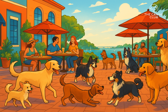A vibrant dog-friendly restaurant scene in Canton, with people enjoying meals and drinks on the outdoor patio while their dogs play around. The scenic waterfront view adds to the lively atmosphere, making it an ideal spot for pet owners to relax with their furry companions in a welcoming environment.