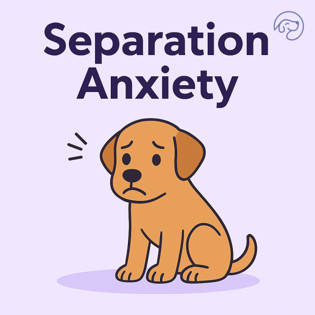 Illustration of a dog showing signs of separation anxiety, with a sad expression, representing the challenges dogs with separation anxiety may face when being boarded.