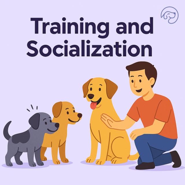 Illustration of a person interacting with three dogs, showcasing the importance of training and socialization in helping dogs adjust to new environments like dog daycare.