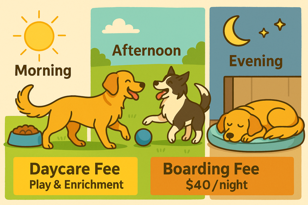 A colorful digital illustration shows a dog’s full day at a boarding facility, divided into three scenes: morning feeding, afternoon playtime with another dog, and evening rest on a cozy bed. Labels explain the daycare fee for enrichment and the $40/night boarding fee.