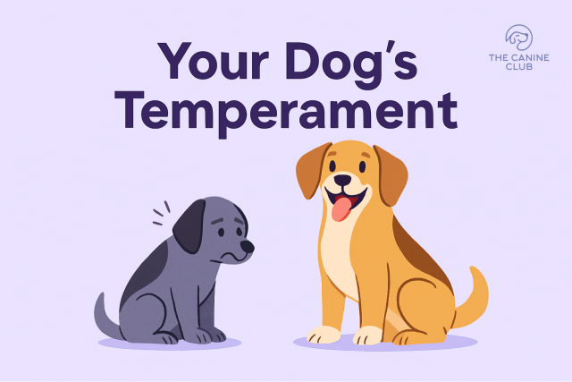 Illustration of two dogs representing different temperaments: one shy and reserved, the other confident and social, highlighting the importance of understanding your dog’s temperament before deciding on boarding.
