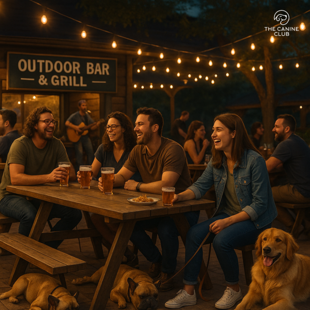 An evening at a dog-friendly outdoor bar and grill, where friends share drinks under string lights while their dogs relax nearby—capturing the laid-back nightlife vibe in Halethorpe.