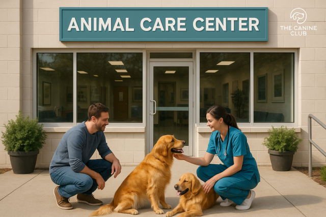 A veterinarian in scrubs gently greets a golden retriever outside a clean, modern clinic labeled “Animal Care Center,” while the pet owner kneels nearby—highlighting trusted, dog-friendly veterinary care in Halethorpe.