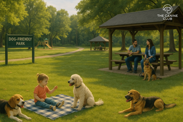 A peaceful dog-friendly park with a playground, picnic shelters, and families enjoying the day. A young child shares a snack with two dogs on a blanket, while a couple relaxes nearby with their German Shepherd—capturing a welcoming, pet-friendly space in Halethorpe City.