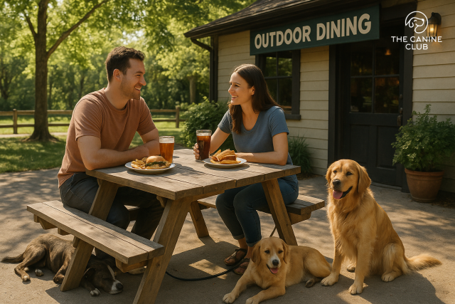 A couple enjoys lunch at a shaded outdoor picnic table with their two dogs at their feet, outside a casual restaurant marked “Outdoor Dining”—a relaxed, dog-friendly spot perfect for a meal with your pup in Halethorpe.