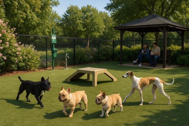 French Bulldogs and a Whippet enjoying off-leash playtime at a fenced dog park in Baltimore. The park features turf, agility equipment, flowering shrubs, and shaded seating—offering a calm, pet-friendly space for both dogs and their owners to unwind.