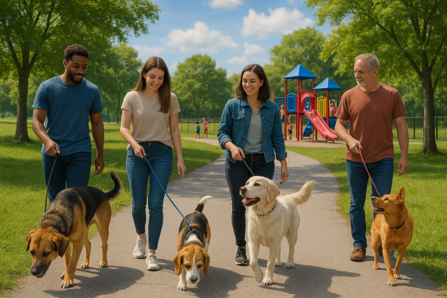 Group of dog owners walking their leashed dogs along a paved path in a grassy park near a colorful playground. The photo highlights how leashed dog parks in Baltimore offer shared public spaces where pets and families can enjoy time outdoors together.