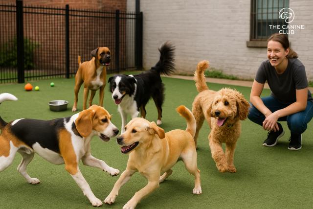 Dogs of various breeds play together in a supervised outdoor doggie day care yard, showcasing healthy socialization, structured interaction, and joyful energy.