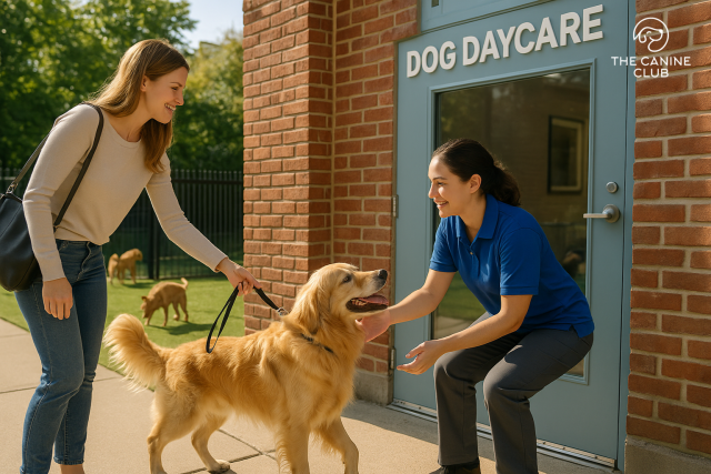 A smiling pet owner drops off her golden retriever at a dog daycare, greeted by a friendly staff member—showcasing a trusted morning routine at a doggie day care in Baltimore.