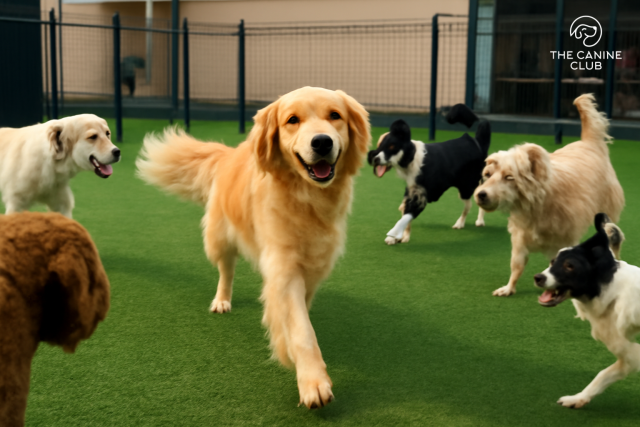 Happy dogs playing together in a spacious dog daycare, including a golden retriever, Labrador, Border collie, and more. The lively interaction highlights the stress-reducing and mentally stimulating environment of dog daycare.