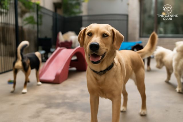 A golden retriever happily playing in a dog daycare, surrounded by other dogs. The scene showcases the relaxing and fun environment that helps reduce stress and promotes well-being for both pets and owners.