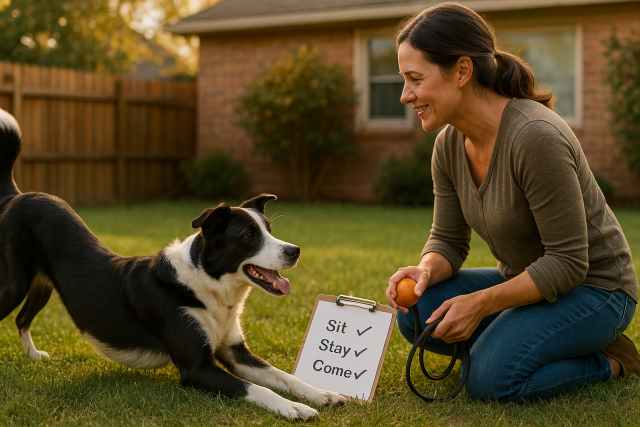 A woman gently reintroduces training to her dog in a backyard, holding a ball and leash while the dog stretches playfully beside a clipboard marked with commands like “Sit,” “Stay,” and “Come.”