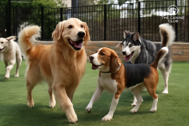 Four dogs of different breeds—Golden Retriever, Beagle, Siberian Husky, and mixed breed, happily playing together in a spacious dog daycare. The lively interaction highlights the emotional growth and social benefits of group play in a dog daycare setting.