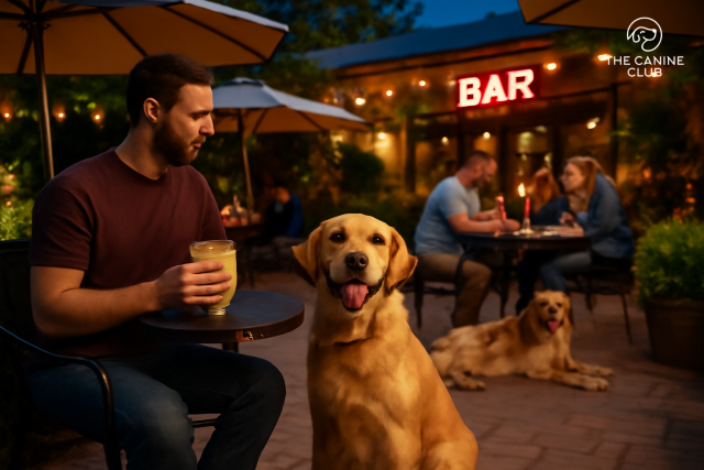 A golden Labrador sitting happily beside its owner at a dog-friendly bar in Glen Burnie, enjoying the relaxed evening atmosphere. The owner is sipping a drink, and in the background, other patrons and their dogs are seated at tables under cozy umbrellas, surrounded by warm lighting and a'BAR' neon sign. The scene captures a friendly, inviting environment for both dogs and their owners to unwind together.