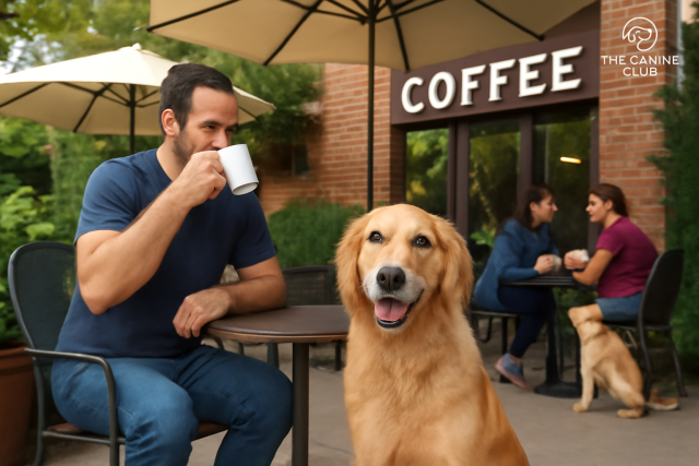 A golden retriever sitting peacefully next to its owner at a dog-friendly coffee shop in Glen Burnie. The man is enjoying a coffee while the dog gazes contently at the camera. In the background, another couple chats over drinks, with their dog sitting beside them. The outdoor café offers a cozy, welcoming atmosphere for both pets and their owners to relax and enjoy a peaceful moment together.