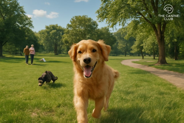 A joyful golden retriever running through a lush, dog-friendly park in Glen Burnie. The vibrant park features dogs playing, fetching, and walking along scenic trails with their owners. The bright, sunny day and peaceful environment create the perfect setting for pets and their families to enjoy the outdoors together.