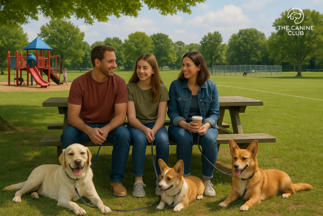 Family sitting at a shaded picnic table with their Labrador and Corgi on leash, relaxing in a community park near a playground and open sports field. This dog-friendly setting in Linthicum Heights blends pet playtime with family-friendly outdoor space.