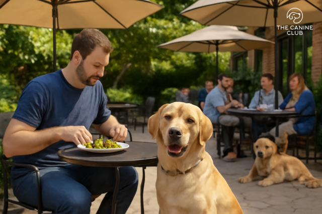 A golden Labrador sits contentedly beside its owner at a dog-friendly restaurant patio in Glen Burnie. The man enjoys his meal while the dog watches happily. In the background, other pet owners and their dogs are seated at tables, enjoying the outdoor atmosphere surrounded by lush greenery. The cozy, shaded seating area creates the perfect spot for both humans and dogs to relax and dine together.
