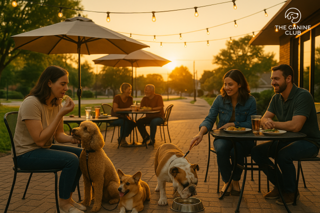 Couples dining with their dogs on a patio at sunset, enjoying a relaxed meal as a Bulldog drinks from a water bowl and a Poodle waits for a treat. The golden-hour glow, string lights, and umbrella-covered tables capture the charm of dog-friendly restaurants in Linthicum Heights