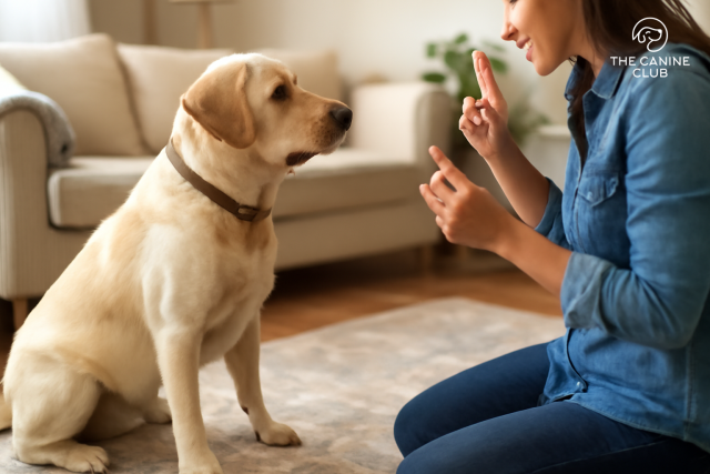 A Labrador Retriever sitting calmly in a home environment, engaging in a basic training session with their owner. The dog is learning simple commands like ‘sit’ and ‘stay,’ helping build confidence before their first visit to dog daycare in Baltimore.