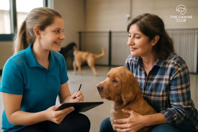 Dog daycare staff member discussing a dog’s needs with a pet parent, ensuring a calm and comfortable experience for the dog. The setting is peaceful and professional, with the staff taking notes to provide personalized care.