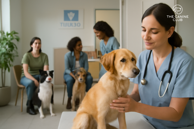 A veterinarian gently examining a golden mixed-breed dog at a veterinary clinic. In the background, pet owners wait with their dogs in a clean, welcoming reception area. The soft lighting and calm atmosphere of the clinic emphasize the compassionate care provided to pets. The image captures a peaceful moment inside a veterinary clinic, ensuring pets receive the attention they need for their well-being.