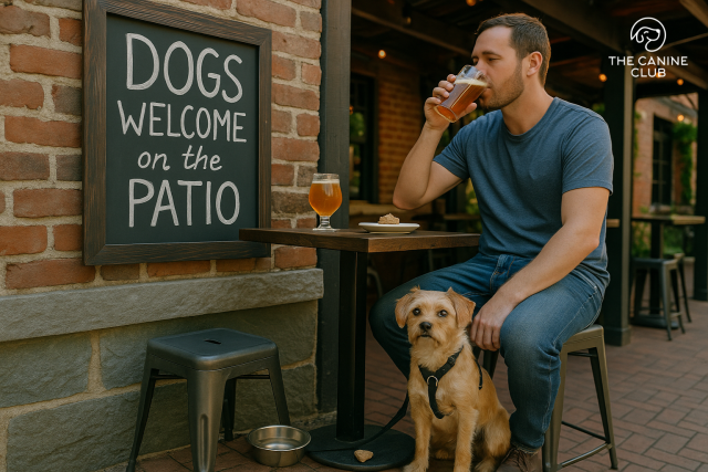 A man enjoying a drink on a dog-friendly patio in Ellicott City with his small dog sitting nearby, next to a water bowl and a “Dogs Welcome” sign.