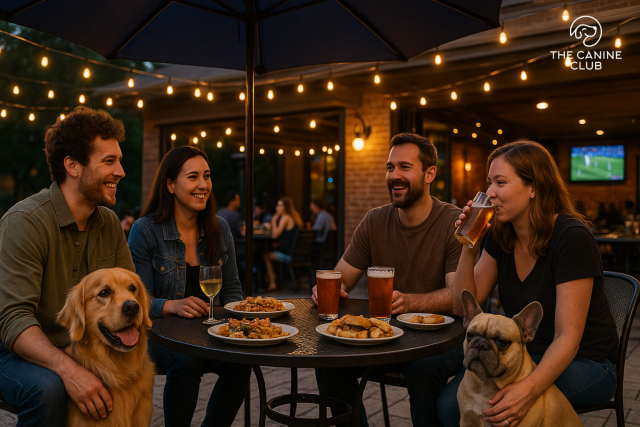 A group of friends enjoying drinks and shareable plates on a dog-friendly bar patio in Hanover, MD, with a golden retriever and French bulldog relaxing by their side under string lights and umbrellas, creating a cozy, casual evening vibe.