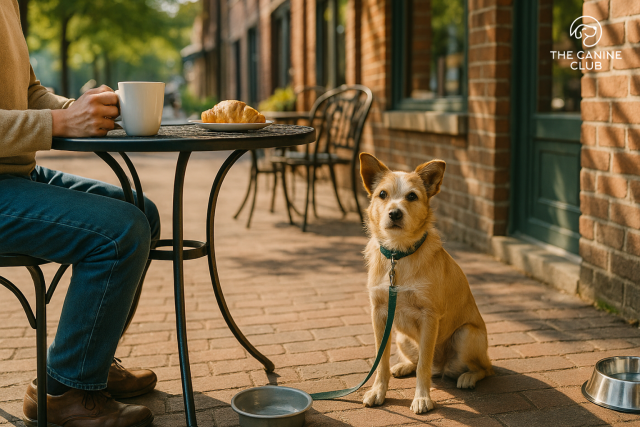 A small dog sitting beside its owner at a dog-friendly café in Ellicott City, with a cup of coffee, croissant, and water bowl on a sunny brick patio.