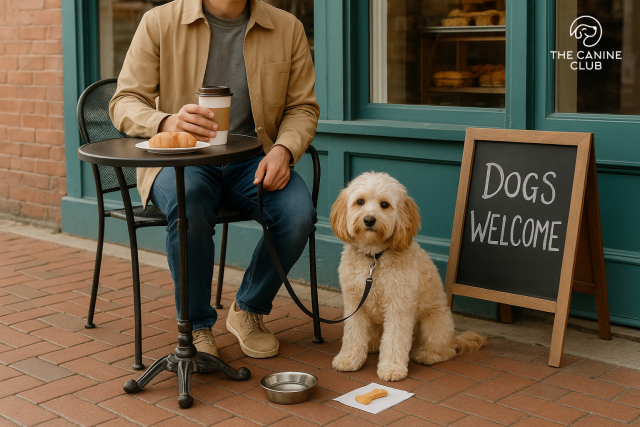 A person enjoys morning coffee with their fluffy dog outside a dog-friendly bakery in Elkridge, MD, sitting at a cozy sidewalk table next to a “Dogs Welcome” sign, with treats and water set out for the pup.