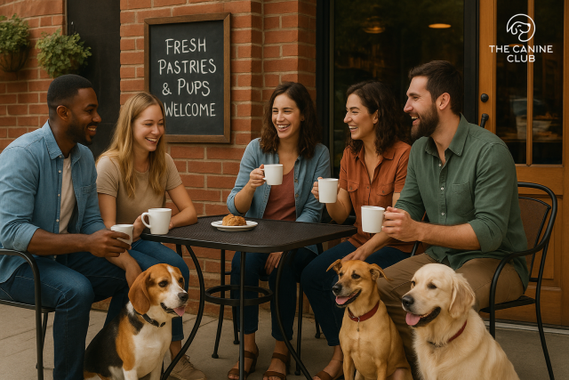 Five friends enjoy coffee and fresh pastries on a sunny dog-friendly bakery patio in Hanover, MD, as their dogs—ranging from a golden retriever to a French bulldog—sit or lie calmly beside them. A chalkboard sign reads “Fresh Pastries & Pups Welcome,” capturing the warm, social vibe of enjoying local treats with your pup by your side.