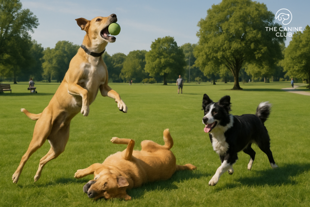 Three happy dogs play in a large grassy field at a dog-friendly park in Dundalk, MD, with one leaping to catch a tennis ball, another running, and the third rolling on the grass, while dog owners watch from a distance.