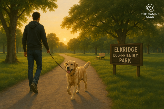 Person walking a happy Labrador Retriever along a tree-lined path at Elkridge Dog-Friendly Park during golden hour, surrounded by grassy fields and warm sunlight.