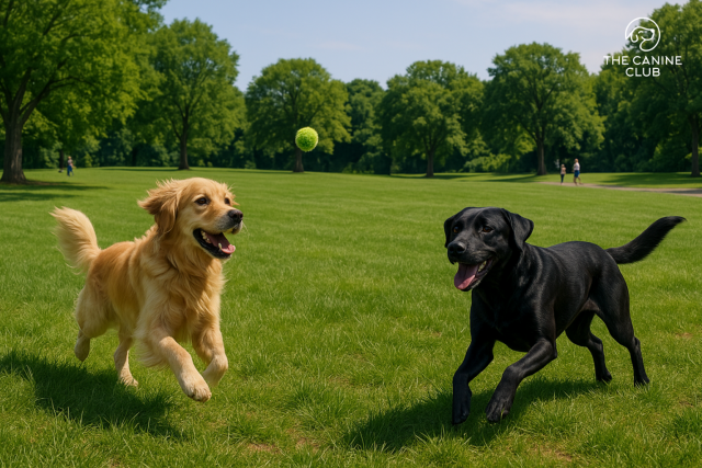 A golden retriever and a black lab chasing a tennis ball in a grassy park in Ellicott City, surrounded by trees and people walking dogs in the distance.