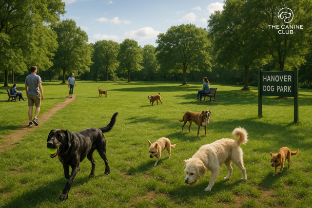 Dogs play and explore off-leash in a grassy Hanover, MD dog park on a sunny afternoon, while their owners relax on benches or walk along a dirt path. Surrounded by tall trees and open space, the park offers a peaceful, pet-friendly setting perfect for bonding and outdoor fun.
