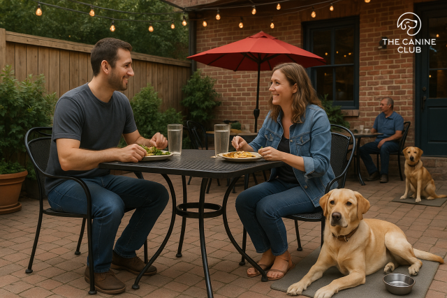A couple enjoys lunch on a cozy outdoor patio in Dundalk, MD, with their golden Labrador relaxing beside them on a mat, while another dog sits near a nearby table under a red umbrella at this dog-friendly restaurant.