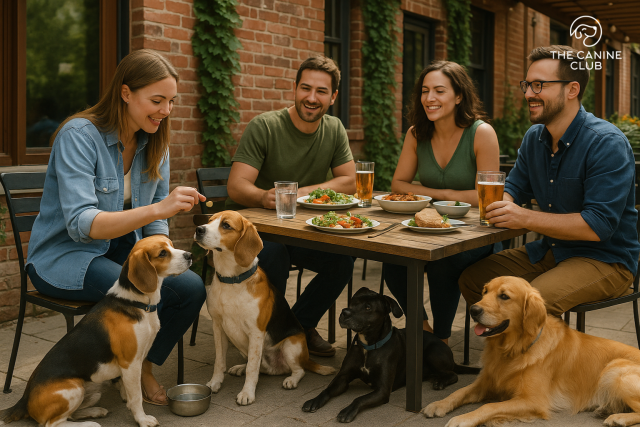 A group of friends dining outdoors at a dog-friendly restaurant in Ellicott City with three dogs relaxing nearby, one receiving a treat at the table