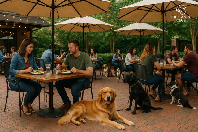 Couples and friends enjoy a casual meal on a dog-friendly patio in Hanover, MD, with string lights above and large umbrellas providing shade. A golden retriever lounges contentedly beside a table while other dogs sit calmly near their owners, capturing the relaxed, welcoming vibe of outdoor dining with pets.