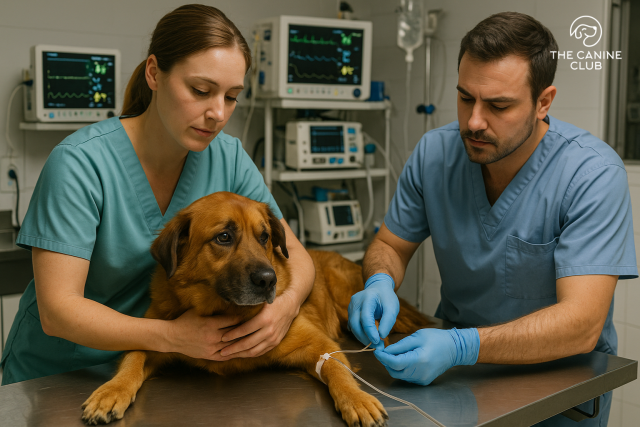 A veterinary team providing emergency care to a large dog in a Hanover, MD animal hospital, with one technician gently comforting the dog while a vet carefully prepares an IV—showcasing the clinic’s calm, professional approach to urgent pet care.